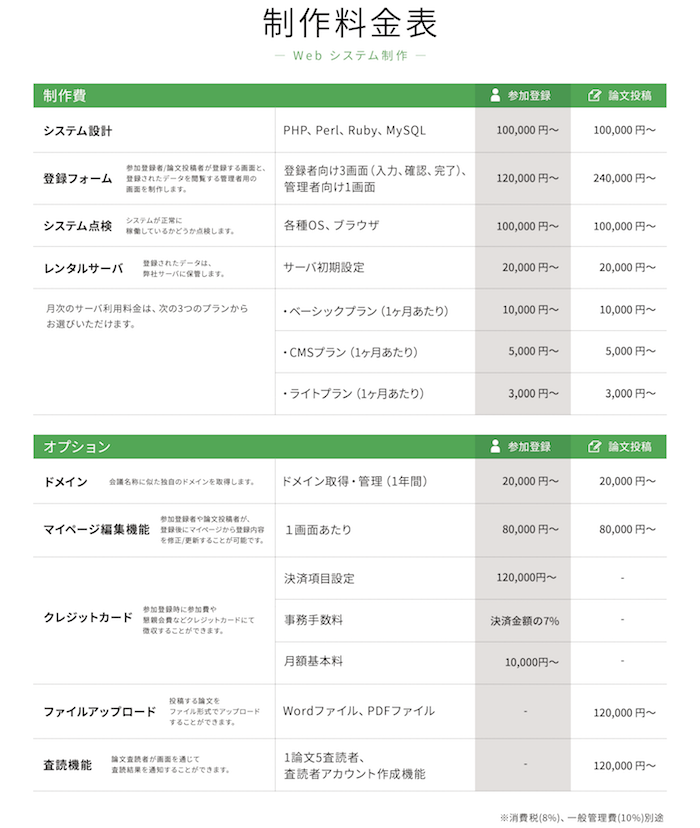 システム構築：料金表